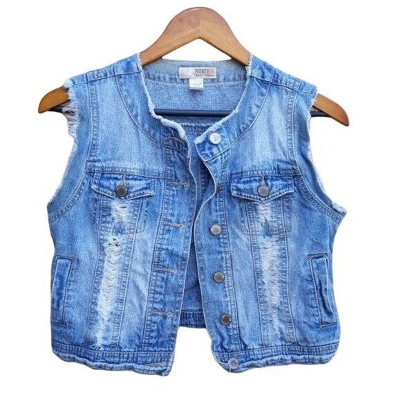 Vintage Jackets & Blazers - Vintage 80's Route 66 Distressed Raw Hem Light‎ Wash Cropped Jean Vest Sz S